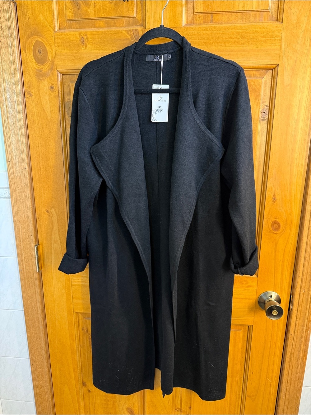 Classic Black Open-Front Shawl Collared Women’s Coat
